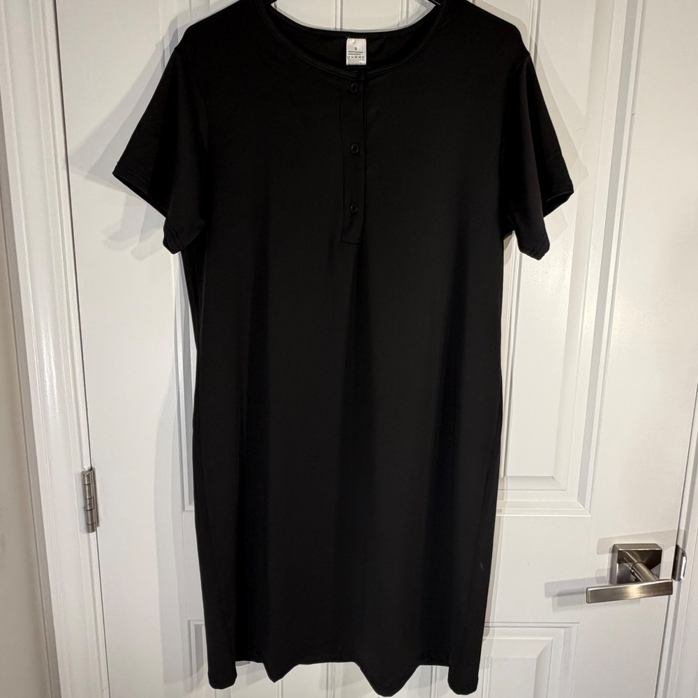 Black T Shirt Dress Small Short Sleeve Button Front Casual Minimalist Dress‎